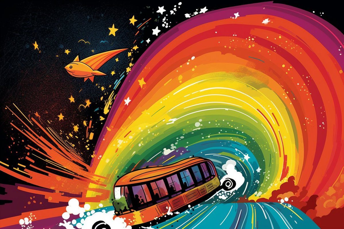 ji_mozo's tweet photo. @icreatelife cartoon book Illustration a thrilling race through a rainbow cosmos using solar sails as the primary mode of transportation. Use bright, dynamic colors and strong contrasts to depict the excitement and energy of the rainbow. --ar 3:2 https://t.co/zGoQlD0eCU