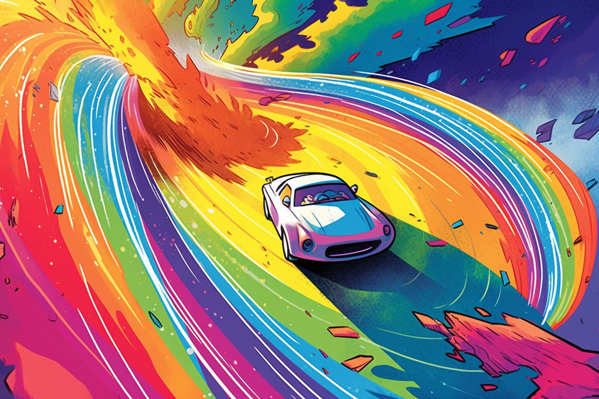 ji_mozo's tweet photo. @icreatelife cartoon book Illustration a thrilling race through a rainbow cosmos using solar sails as the primary mode of transportation. Use bright, dynamic colors and strong contrasts to depict the excitement and energy of the rainbow. --ar 3:2 https://t.co/zGoQlD0eCU