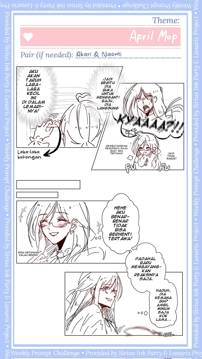 liu_atsukushii's tweet photo. WPC 1 April - April Mop | w/ Akari [Talent 2] &amp; Naomi [Producer]! 🕷✨ #haluWPC #LunarisPro #SiriusInkParty @Lunaris_Pro #nisrin_ocs https://t.co/PlihAcXykU
