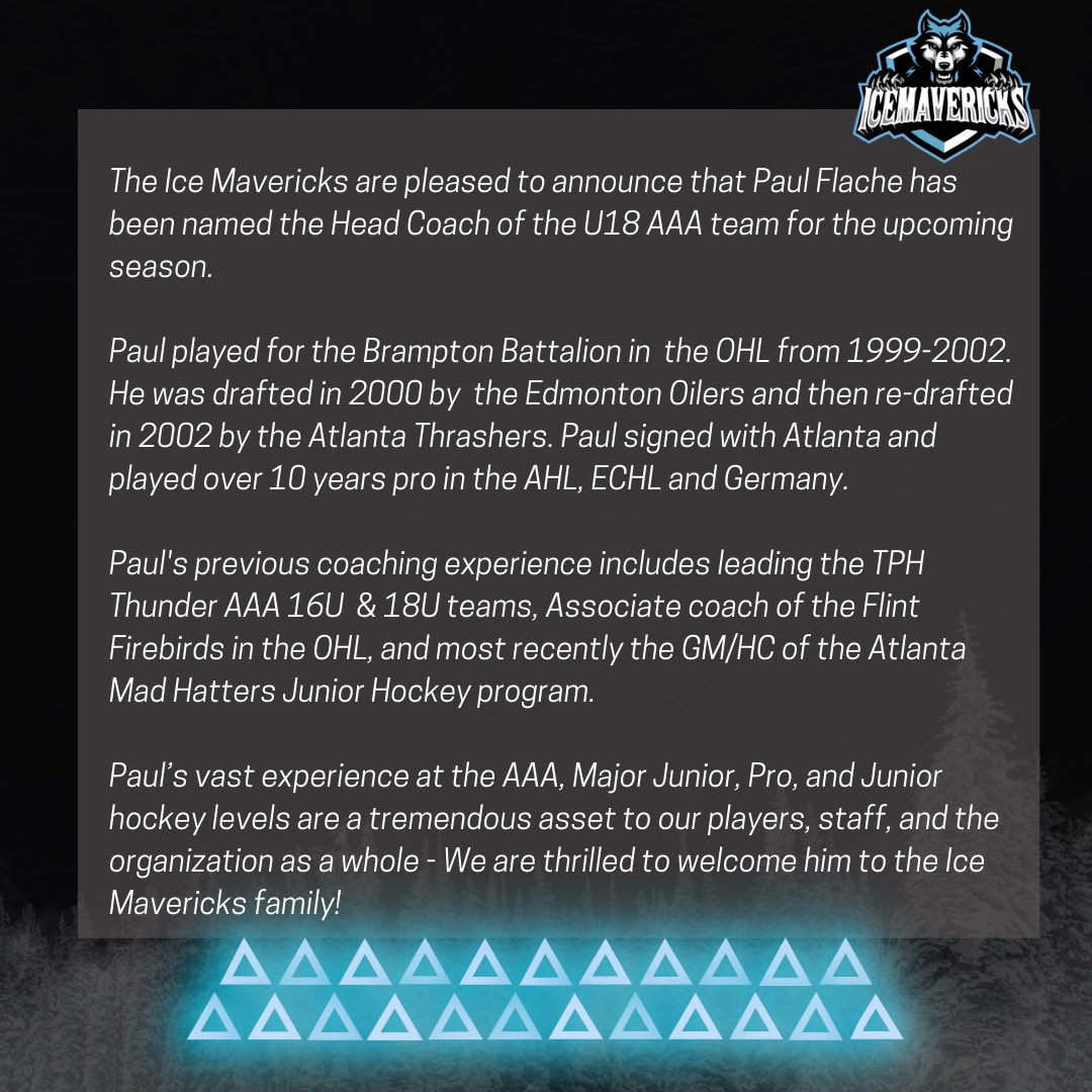 icemavshc's tweet photo. 🚨Hiring Announcement 🚨

The Ice Mavericks are excited to announce the hiring of u18 HC Paul Flache. Coach Flache will lead our u18 AAA team &amp; player development program as he brings years of development experience from his time with @FlintFirebirds Welcome to Ice Mavericks! https://t.co/avvZUWy6CQ