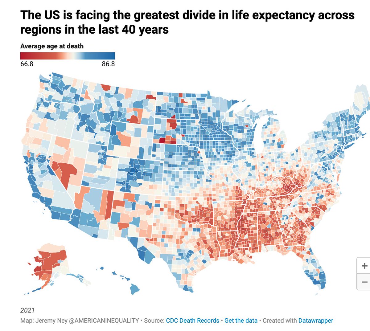 The differences in life expectancy across the US are astonishing. Via @jeremybney medium.com/analytics-vidh…