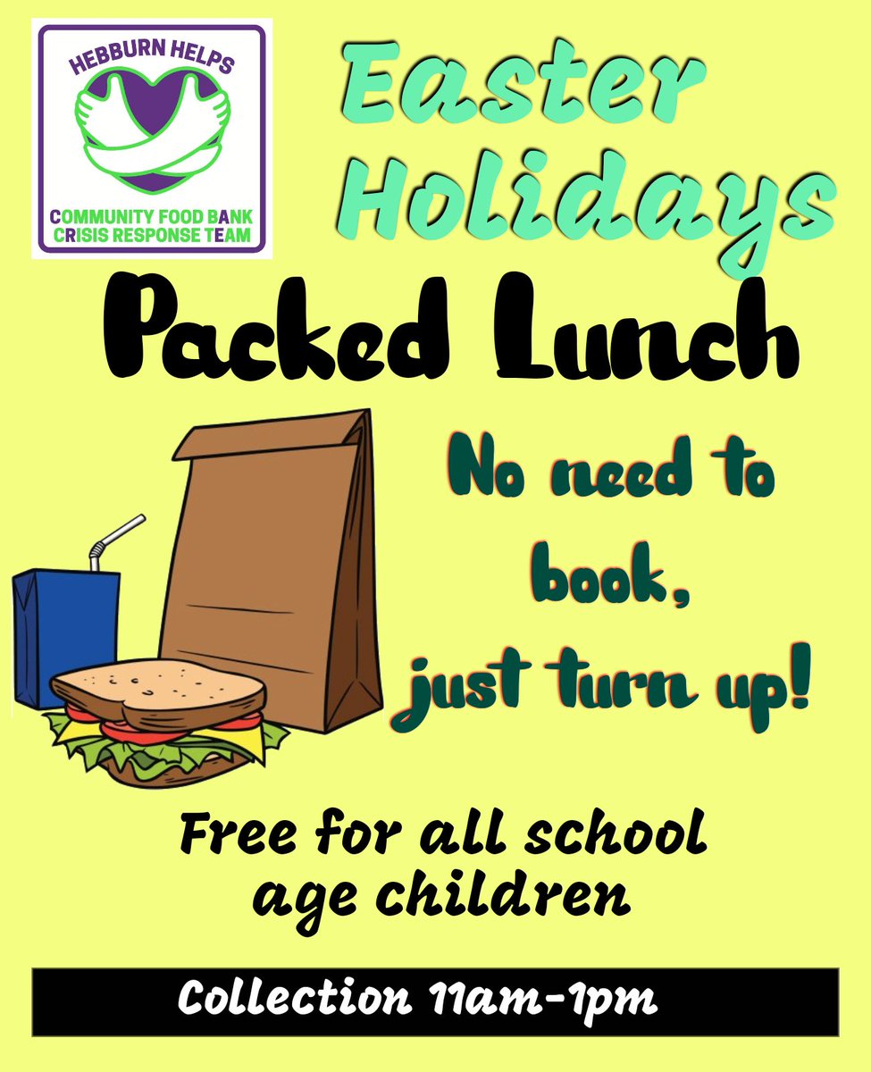 hebburnhelps's tweet photo. Our packed lunch scheme is back this Easter and is open to all children of school age. This is not just for families on benefits. Collect from 11 am every day.
Tackling holiday hunger since 2015
💜💚
#StopTheHunger
#stopholidayhunger
#nochildgoeshungry
#nochildrenleftbehind https://t.co/S4x9ugYXxL