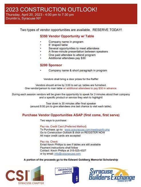 CSISyracuse's tweet image. Construction Outlook is the must-see event of the year.  April 20th is coming up fast!  If you plan on coming, please register as soon as possible so we have an accurate dinner count for the facility.  6 vendor tables are still available.

Register at csisyracuse.com/meetinginfo.php