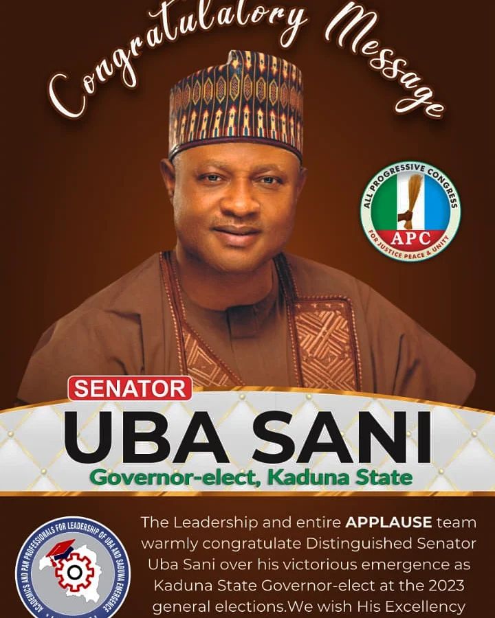Congratulations <a href="/ubasanius/">Senator Uba Sani</a> on your victory as the Governor-elect of Kaduna State. May God almighty grant you the wisdom to rule the state and bring more peace, harmony and many developments.