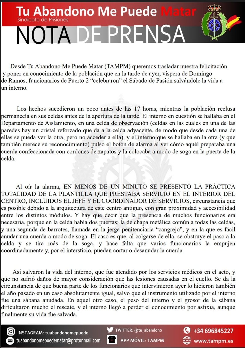 TAMPMPuertos's tweet photo. 📰 #Actualidad | Ayer  C.P. Puerto 2 Funcionarios salvaron la VIDA a 1 interno que intento Suicidarse

✅ Gracias a la RÁPIDA Actuación de la PLANTILLA se consiguió in extremis salvar su Vida

👉 @IIPPGob nunca RECONOCE o FELICITA a sus Trabajador@s por éstas Actuaciones

#TAMPM https://t.co/kTZrnO3Nxn