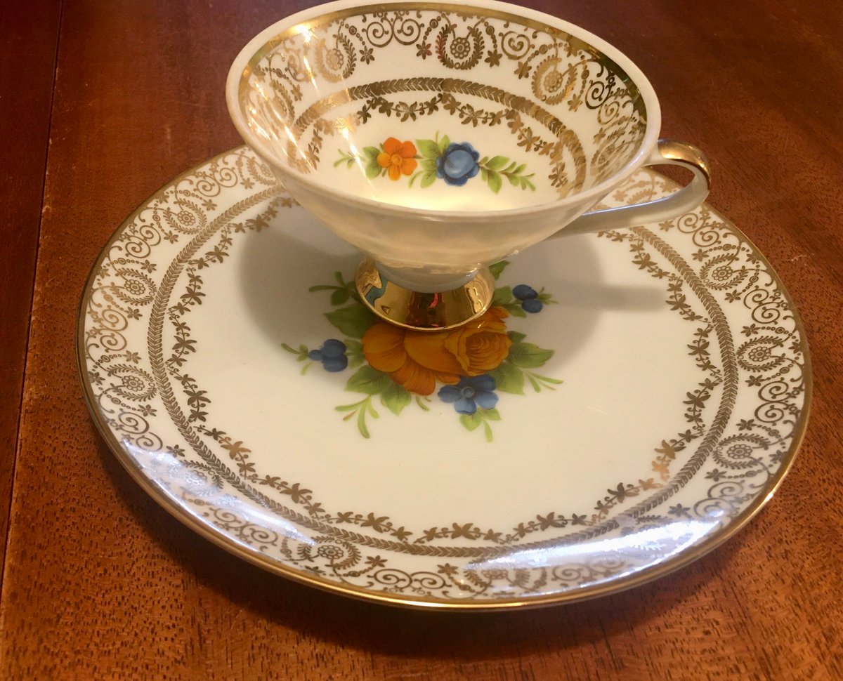 Porcelain Bavarian Teacup & Dessert Plate, Eloquent Gold Scroll, Orange and blue Floral design, German Porcelain Dinnerware tuppu.net/183935d8 #vintage #AntiquesAtlanta #Etsy #VintageTableware