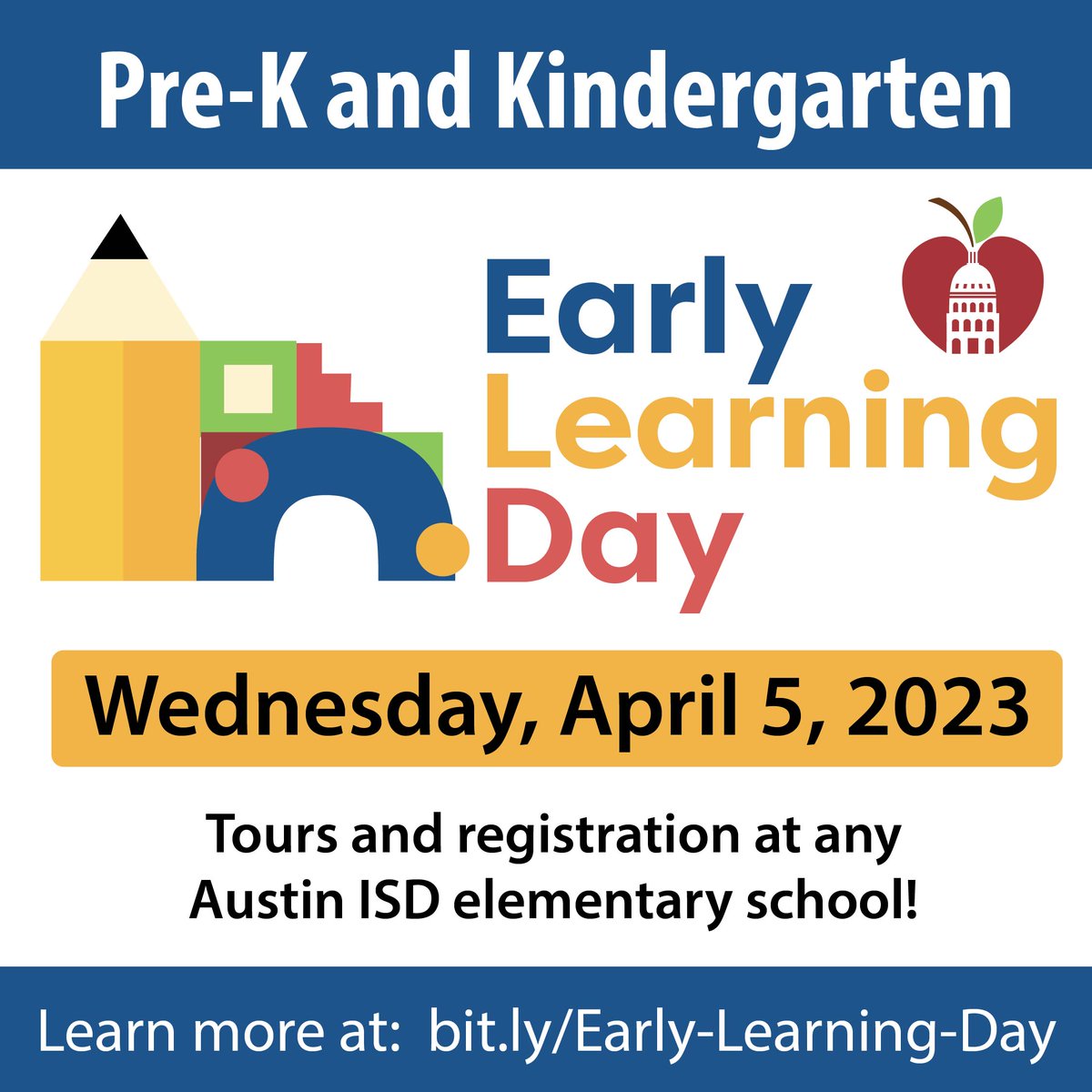 AustinISD's tweet photo. Austin ISD Early Learning Day
Wednesday, April 5
Elementary campuses will be open for tours in shifts to allow families to come in the morning or the afternoon.
• 8:30 to 10:30 am
• 4:30 to 6:30 pm
For questions, contact John Green-Otero at john.green-otero@austinisd.org https://t.co/U92myDo05z