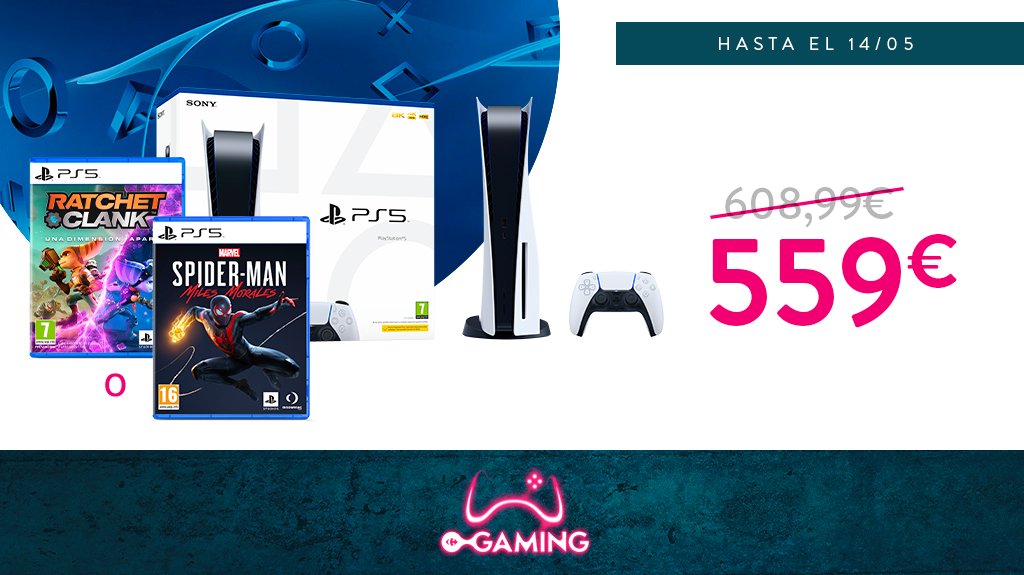 CarrefourGaming's tweet photo. ¡Llévate una #PlayStation5 con #SpiderMan #MilesMorales o #RatchetAndClank por 559€! 
Exclusivo online 👉 https://t.co/cgz7ek5ESn 👈 https://t.co/tuJ09UnxlJ