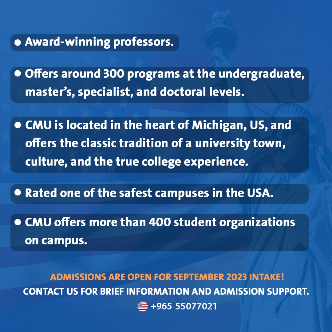 AcceptixEdtch's tweet photo. ليش تختار
جامعة ميشيغان المركزية
Here’s a few reasons why you should choose Central Michigan University 🇺🇸
Admissions are Open for September 2023 intake!
Contact us for admission support:
(+965) 55077021
#studentcenter_ #cmuniversity #studyabroad #nuksusa
#الكويت
#امريكا https://t.co/SKALqt3VHw