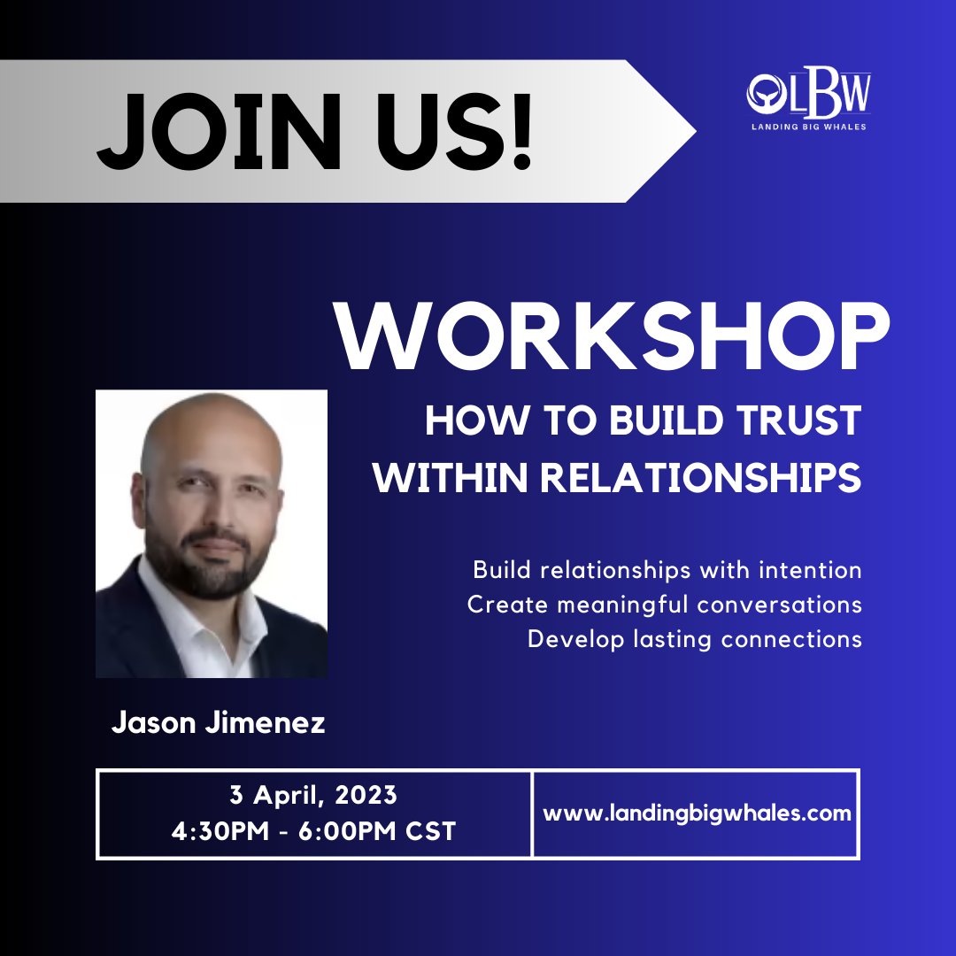 Join Landing Big Whales for an interactive workshop on the principles and practice of intentional human-to-human connection.

On April 3rd at 4:30 PM CT
#EffectiveCommunication
#BuildTrust #LastingConnections #LandingBigWhales #onetooon #1to1 #Workshop