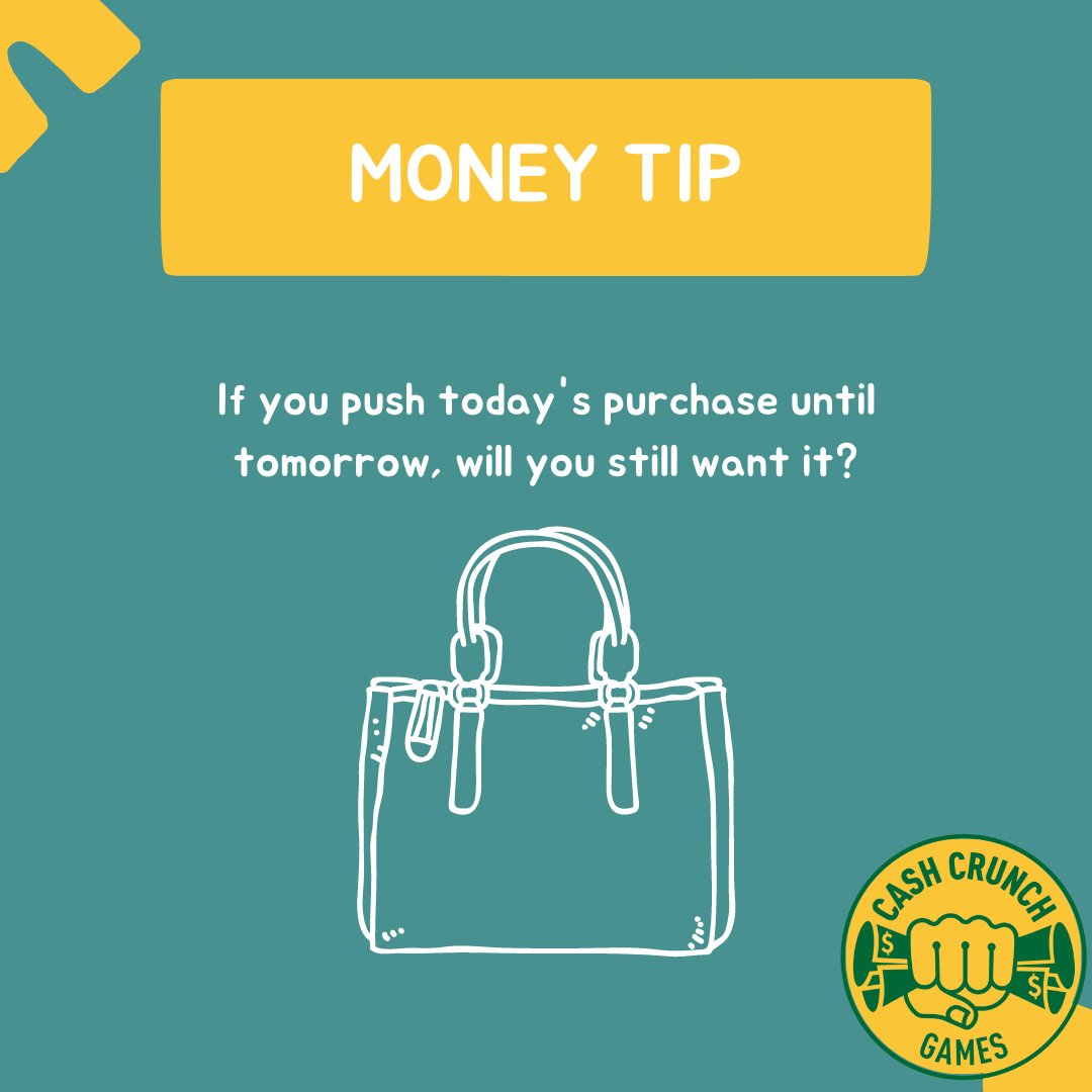 CashCrunchGames's tweet image. We often get caught up in the moment and buy stuff that we wish we hadn't bought - often called buyers remorse. In future, take some time to "cool off" and think about it. If you still want it later, then great.

For more tips, visit cashcrunchgames.com

#finlit #pfin