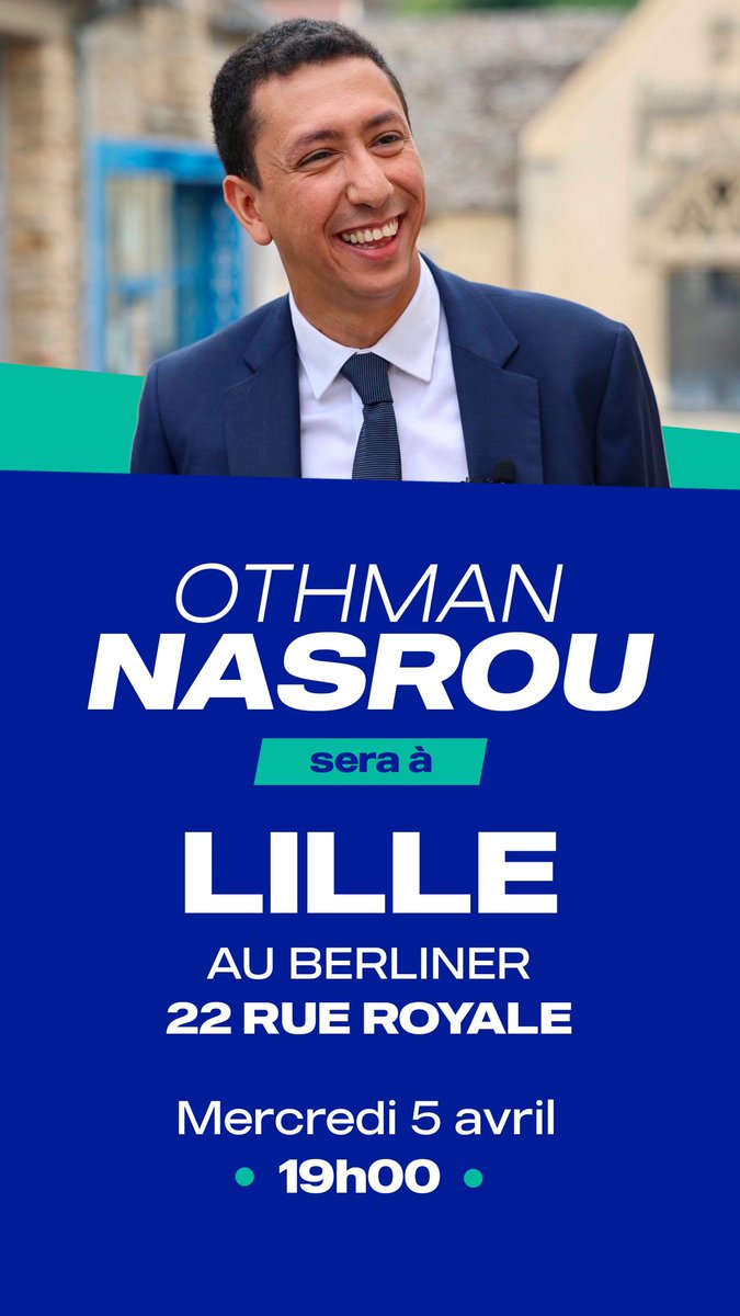 ✅ Très heureux de recevoir à <a href="/lillefrance/">Ville de Lille</a> mon ami <a href="/othmannasrou/">Othman Nasrou</a>, premier secrétaire général délégué <a href="/lesRepublicains/">les Républicains</a> et vice-président de la Région <a href="/iledefrance/">Région Île-de-France</a>.

🗓 Rendez-vous ce mercredi 5 avril à 19:30 au Berliner dans le #VieuxLille.

👥 Venez nombreux !