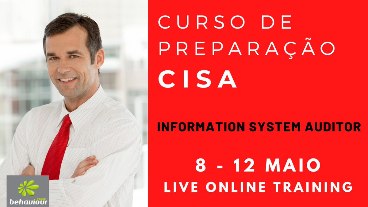 CISA Preparation Course prepara profissionais e auditores de TI e SI para auditar e gerir controlo... behaviour-group.com/PT/curso-infor…

#cisa #informationtechnology #informationssytems #tecnologiasinformacao #sistemasinformacao #formacaoonline #onlinetraining #onlinecourse #behaviourgroup
