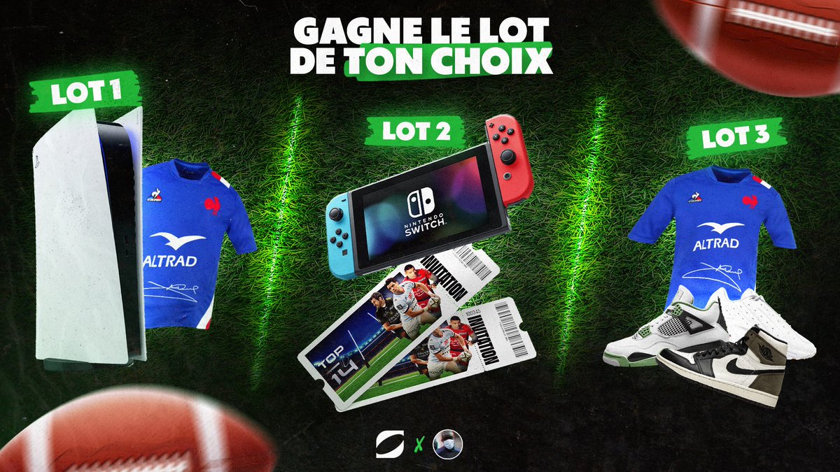 LaPvlga's tweet image. CONCOURS 🚨

Gagne le lot de TON choix :  

🥇Lot 1
Une PS5 + 1 maillot dédicacé 

🥈Lot 2
Une Nintendo Switch + 2 places pour voir un match de TOP14

🥉Lot 3 
Une Paire de Sneakers au choix + 1 maillot dédicacé

RT + FOLLOW @Oval3_game &amp;amp; @LaPvlga