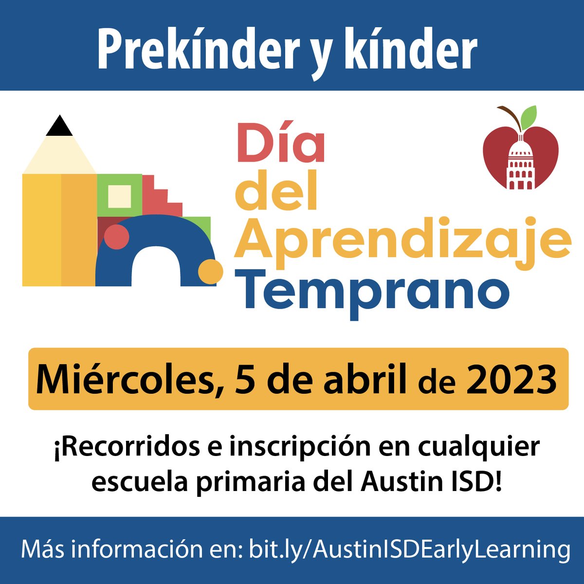 AustinISD's tweet photo. Día del Aprendizaje Temprano del AISD
Miércoles, 5 de abril
Los planteles de primaria estarán abiertos para recorridos por turnos para permitirles a las familias asistir en la mañana o en la tarde.
8:30 a 10:30 am
4:30 a 6:30 pm
Más información: john.green-otero@austinisd.org https://t.co/qOefvv2T7y