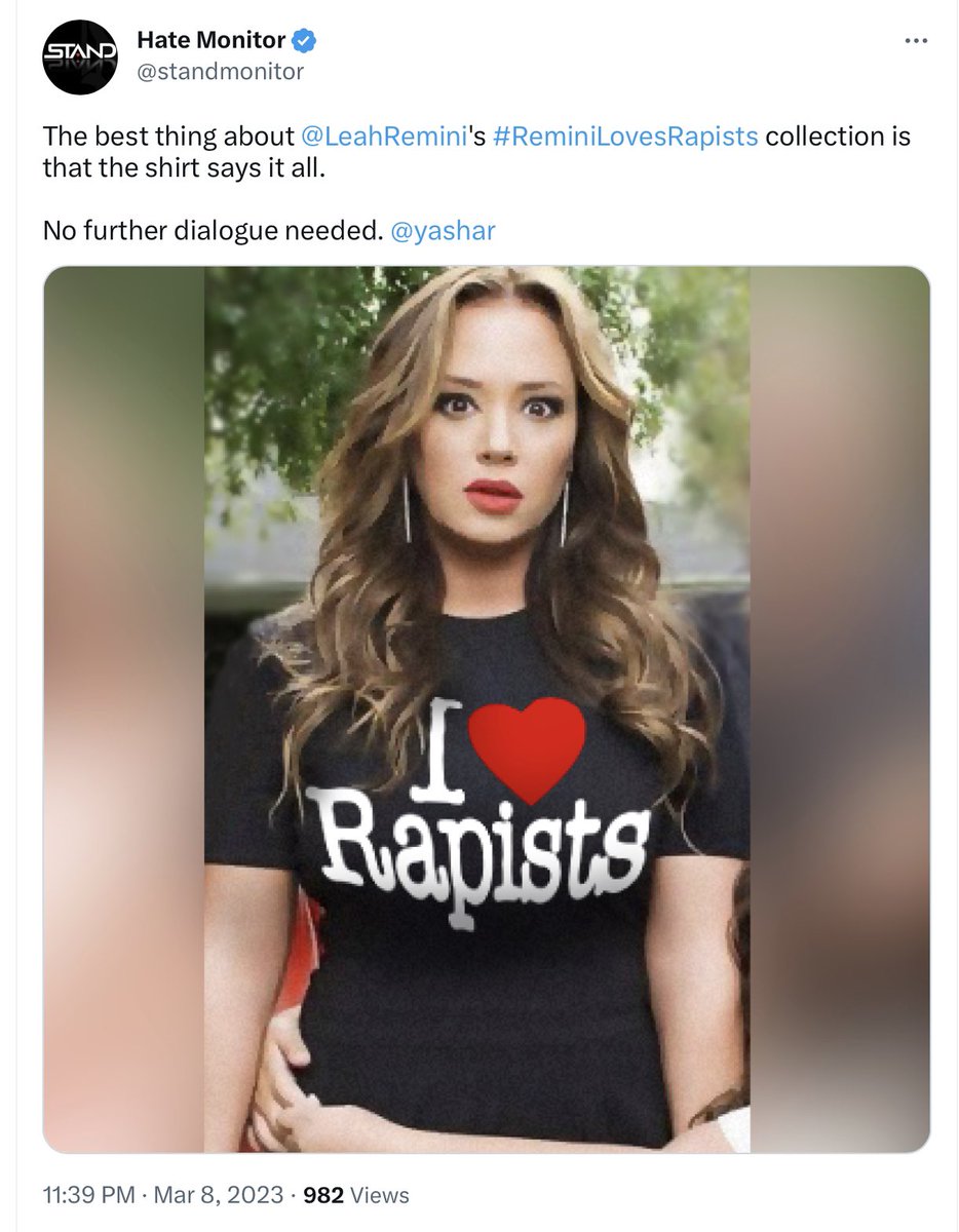 Vicky 🇮🇹 (@vickyy_82) on Twitter photo Hey @TwitterSafety <a href="/elonmusk/">Elon Musk</a>
How long will you let <a href="/standmonitor/">Hate Monitor</a> harass this woman? Do you guys think this is normal? We report & report, and nothing happens.
Pls suspend <a href="/standmonitor/">Hate Monitor</a>
#IStandWithLeahRemini Hey @TwitterSafety <a href="/elonmusk/">Elon Musk</a>
How long will you let <a href="/standmonitor/">Hate Monitor</a> harass this woman? Do you guys think this is normal? We report & report, and nothing happens.
Pls suspend <a href="/standmonitor/">Hate Monitor</a>
#IStandWithLeahRemini