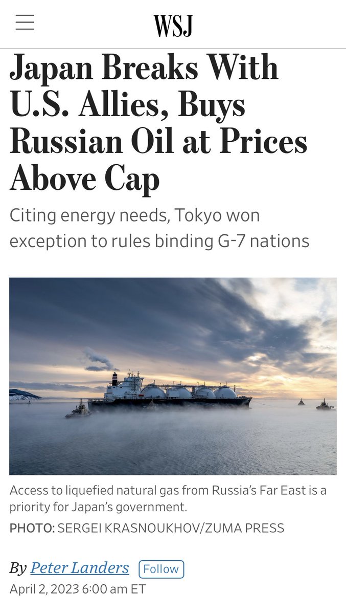 Breaking from US and Allies, G7 President Japan is buying Russian oil above  the $60 price cap. US has had no choice but to make an exception for Japan.  Russia continues to