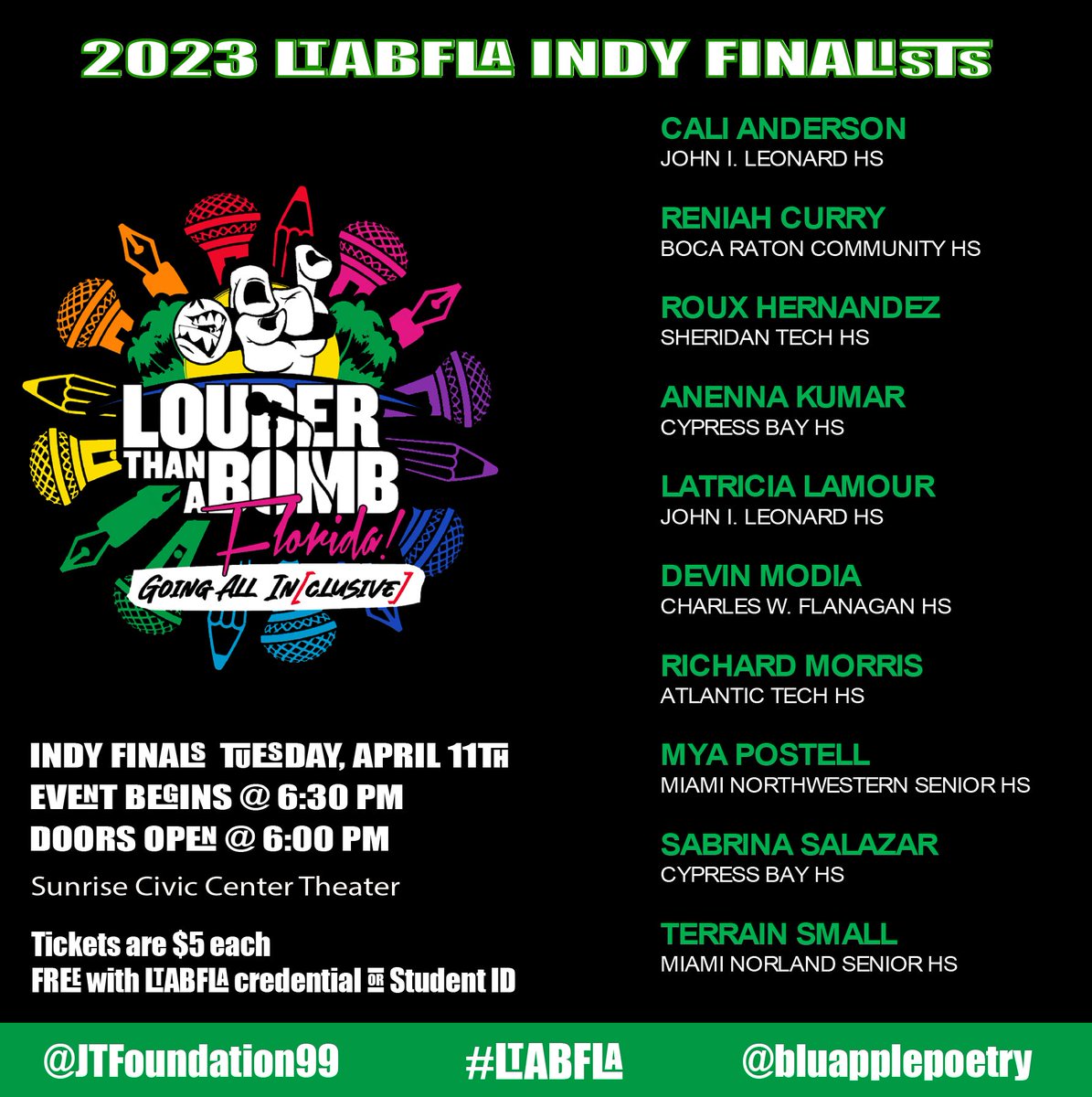 Congratulations to the Top 10 Poets moving on to the 2023 #LTABFLA Indy Finals! Come support your school at the Sunrise Civic Center Theater on April 11th. All students in FREE with LTABFLA credentials or student ID. <a href="/JTFoundation99/">JTFoundation</a> <a href="/UKGInc/">UKG</a> <a href="/UPS/">UPS</a> <a href="/cityofsunrise/">City of Sunrise 🌞</a>