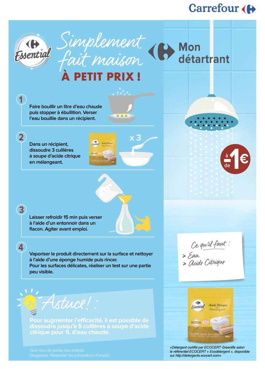 perlesetcie's tweet photo. Recette détartrant fait maison

Pour un détartrant maison à petit prix
Recette proposée par Carrefour que vous pouvez retrouver sur leur site parmi d’autres recettes de produits ménagers

Produits nécessaires
Eau
Acide citrique...

#CarrefourEssential

https://t.co/SkhdVr4YdY https://t.co/2C0mYg8Gkx