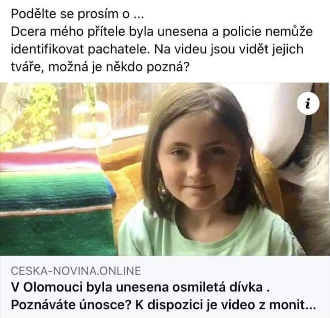 Na sítích se opakovaně šíří tento hoax. V posledních dnech jsme jej zaregistrovali na Olomoucku a stejně jako v předchozích případech, i tentokrát žádnou takovouto holčičku nehledáme. Předem díky za sdílení tohoto sdělení i do vašich FB skupin🙏🏻 #policieolk
