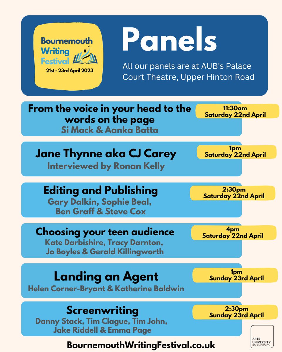 Writers and authors 👀

Our panels feature experienced writers and authors, so get your questions ready!

Details, plus booking info ➡️ bournemouthwritingfestival.co.uk/panels-perform…

#editing #publishing #amquerying #writerstips #WritingCommunity #amwriting #lovebournemouth #dorsetevents #dorset