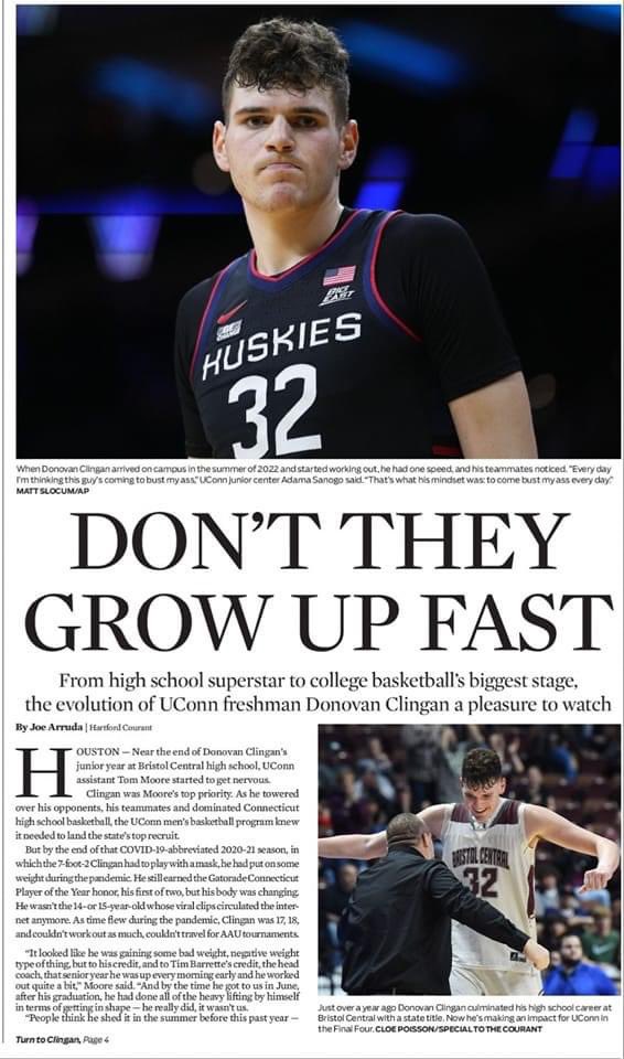 Front page news today 📰🏀💙 …so proud to be a part of the Bristol Community and cheer on our favorite #32 as UConn heads to the National Championship! @clingan_donovan @BCHSprincipal #UConnNation #MarchMadness @GHillsGators @BristolCTSchool