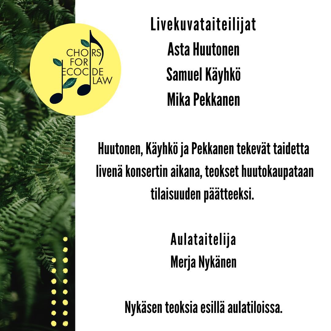 Pitääkö kuudes sukupuuttoaalto pysäyttää? Onko jossain joku raja? Laki luonnontuhonnan estämiseksi, ecocide law, voisi olla yksi ratkaisu. Lämpimästi tervetuloa konserttiin ja paneelikeskustelua seuraamaan. <a href="/PekkarinenMauri/">Mauri Pekkarinen</a> <a href="/AlliPylkko/">Alli Pylkkö</a> <a href="/kauniski/">Kirsi Kaunismäki-Suhonen</a>