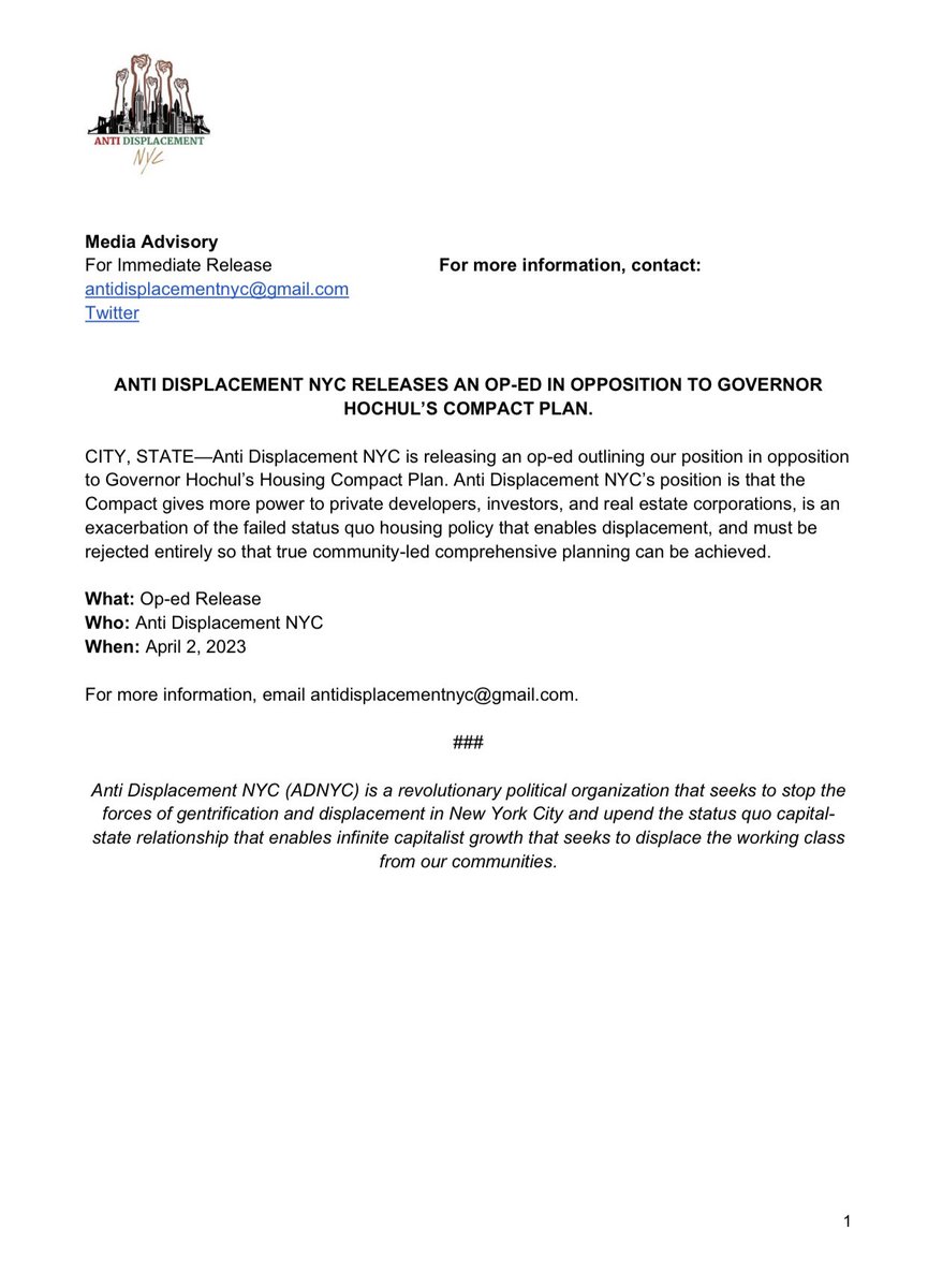 nodisplacement's tweet image. PRESS ADVISORY FOR IMMEDIATE RELEASE: Anti Displacement NYC Releases Op-Ed In Opposition to Governor Hochul’s Housing Plan. 

Press Inquiries: please contact antidisplacementnyc@gmail.com