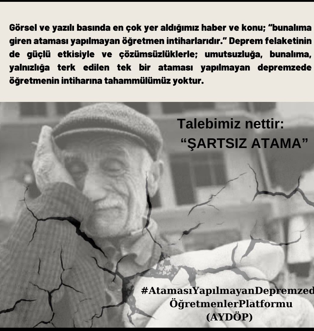 nderGzel16's tweet photo. Yıkıntıların altında kalan ruhlarımızı iyileştirmemize yardımcı olun
#AfetzedeÖğretmeniŞartsızAta 
#AliMahirBaşarır 
#HalukLevent 
#AtillaTaş https://t.co/JK3mP1HnTC