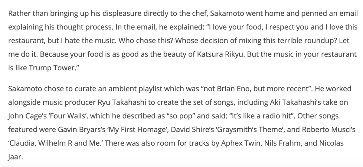 Often think about Ryuichi Sakamoto hating the music in his favorite restaurant so much he pro bono made them a replacement playlist — inspirational. faroutmagazine.co.uk/the-playlist-r…