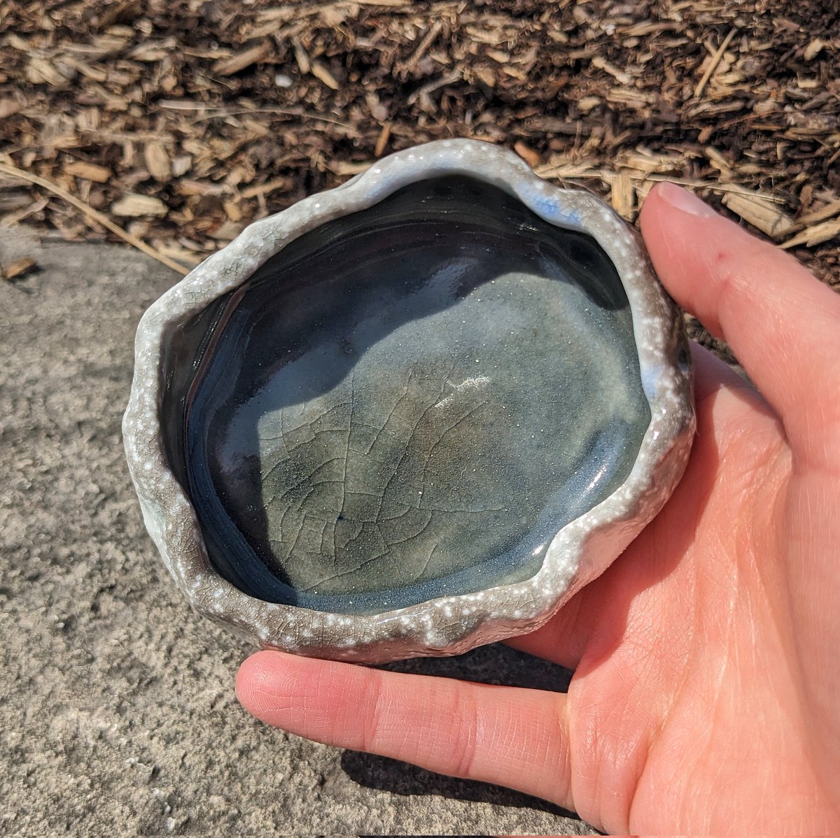 parker_crafts's tweet photo. this was the winner of my first glaze poll! 0.25% cobalt, 2.5% titanium!

looks very nice in soda, but these dishes really got blasted, so there's crazing despite the lithia content. they'll have to be for decorative use only, but I'm loving the color. https://t.co/yAWfvkWeBY