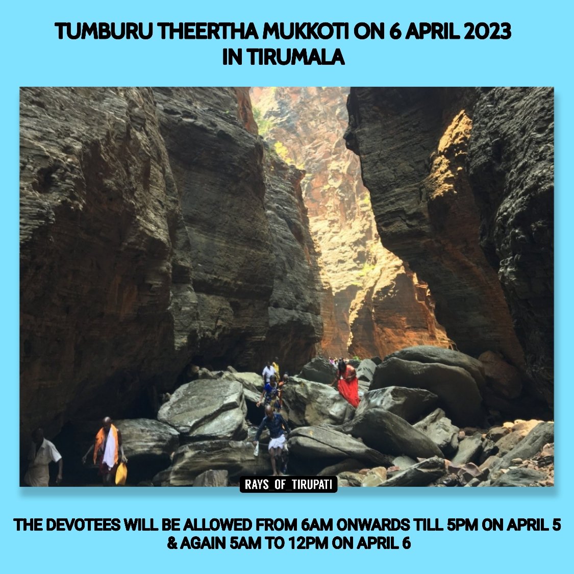 raysoftirupati's tweet photo. Tumburu Theertha Mukkoti will be observed in Tirumala on April 6.

The devotees will be allowed for Tumburu Theertham from 6am onwards till 5pm on April 5 and again 5am to 12noon on April 6.

#Tirumala #Tirupati #thumburutheertham #lordvenkateshwara #lordperumal #lordbalaji https://t.co/pHAhx298o6