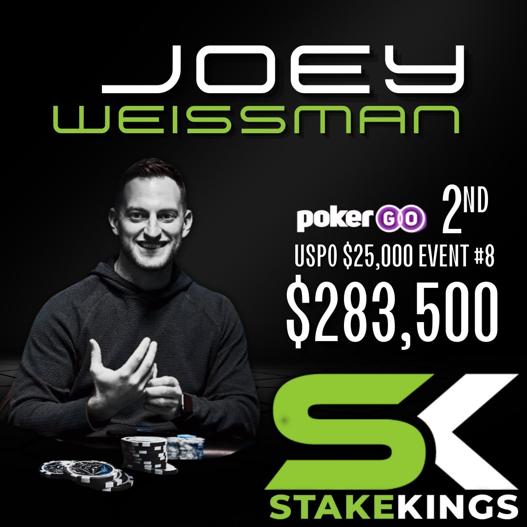 Another congratulations to <a href="/JoeyWeissman/">Joey Weissman</a> for his 2nd place $283,500 finish in the <a href="/PokerGO/">PokerGO</a> U.S. Poker Open Event #8! One backer turned $2,750 into $28,350 for a ROI of 930%!  More action from Joey is up now, get your piece below &amp; stop missing out!

stakekings.com/player/Joey_We…
