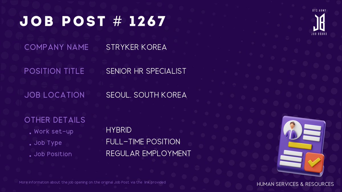 BTSARMYJobBoard's tweet photo. #BAJBSouthKorea 
SEOUL, SOUTH KOREA

https://t.co/WvDUYagMtZ

#BAJBHR 

ARMYs, kindly contact the job poster / hiring party directly for more information. 🤗

Good luck! 💜 https://t.co/2qjMGh42tx