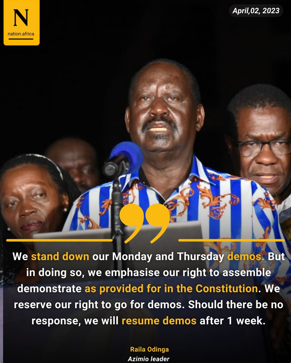 NationBreaking's tweet photo. RAILA ADDRESS: Azimio coalition calls off planned Monday protests moments after President Ruto appeal. https://t.co/xzyvB6SHXU