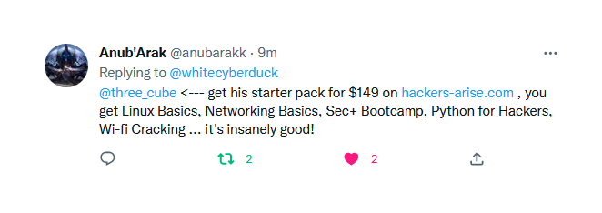 three_cube's tweet photo. Looking to Enter the Exciting Field of Cybersecurity?  This is the Perfect Way to Get Started!  

The Hackers-Arise Cybersecurity Starter Bundle!  
7 videos and 1 book  

Just $149

https://t.co/cYuWvP6MCs https://t.co/zvFKu4HTVy