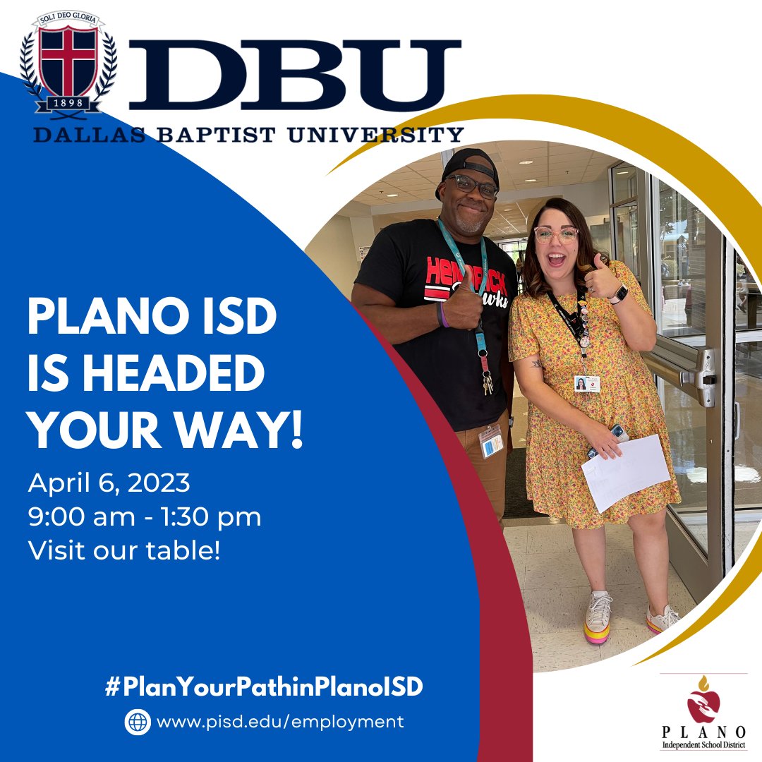 Plano_Schools's tweet photo. Our HR Dept. will be at several college career fairs this week. If you're a graduating student and interested in joining our family, come see us!
April 3-Texas A&amp;M👍
April 4-Arkansas🐗
April 5-Texas State🐱
April 6-Dallas Baptist Univ.🇺🇸
#PlanYourPathinPlanoISD #BelievePlanoISD https://t.co/GWget5VvFs