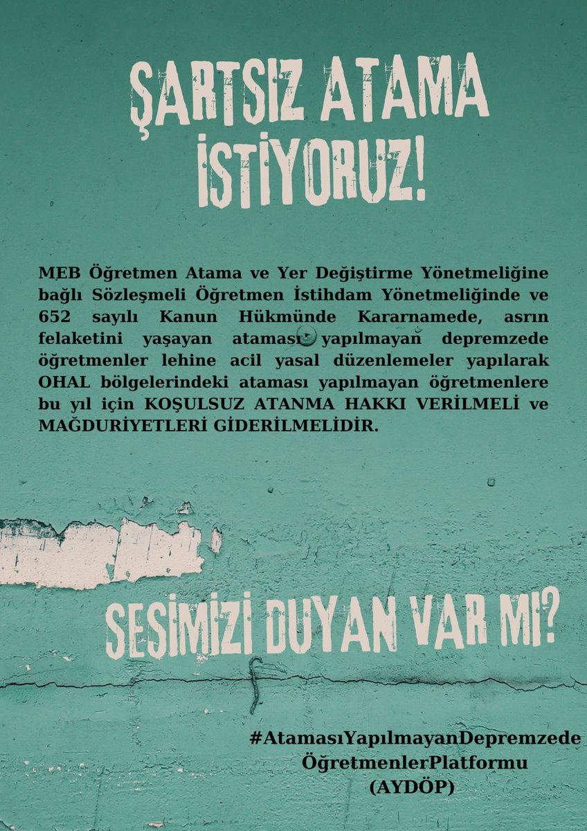 alicanharbeli's tweet photo. Öğretmenler şartsız atama bekliyor !!
@KaanSekbann 
@ayseninbavulu 
@cemisciler 
@mesut_sure 

#AfetzedeÖğretmeniŞartsızAta https://t.co/Pg352oaWrT