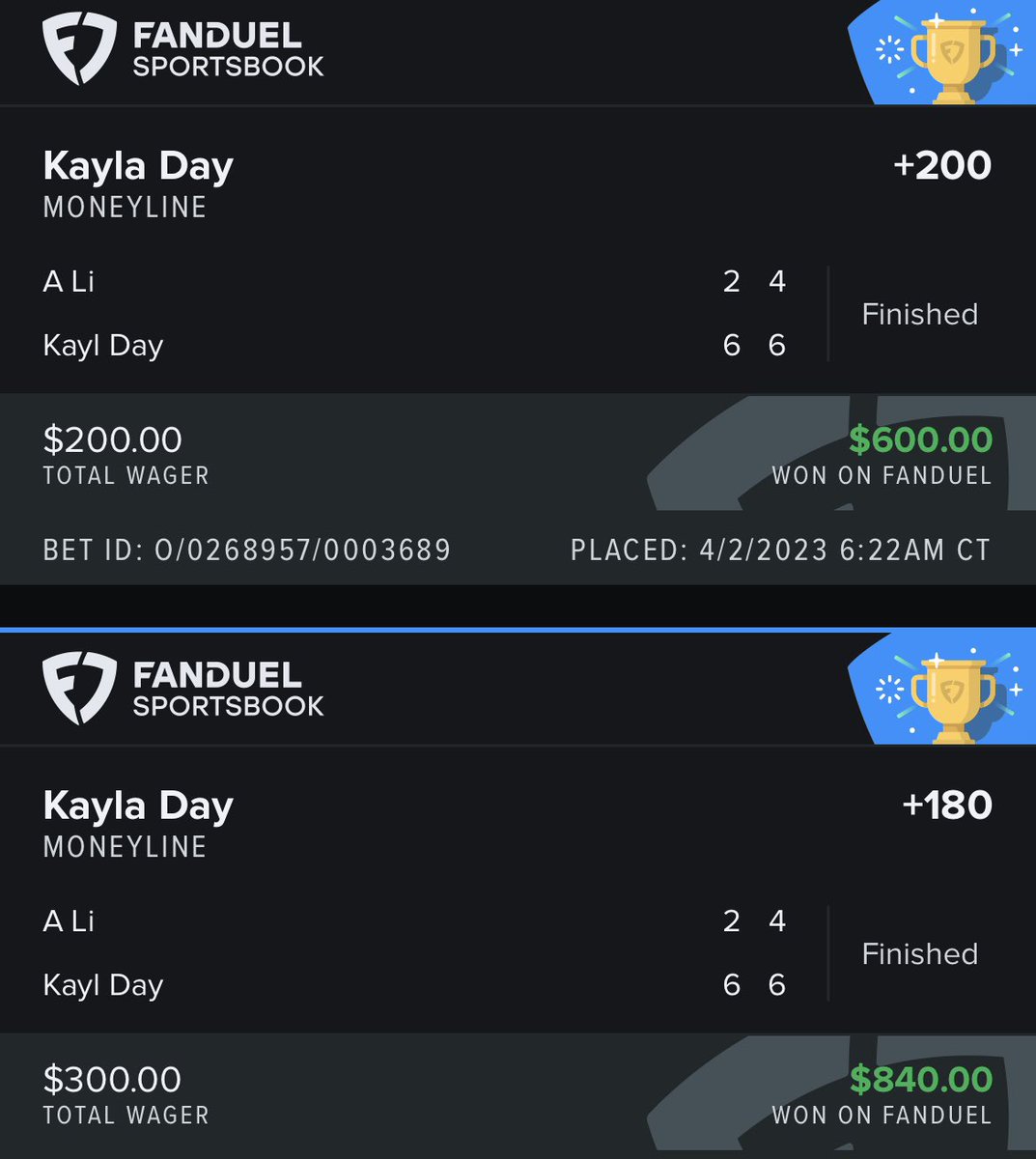 Prayers up to those that parlayed Ann Li -250 & Frech -500 

Day +180✅
Paula +340 ✅

We are just getting started….

#GamblingTwitter #TennisPlays #WTA #ATP #SandboxSports 

whop.com/sandbox-sports