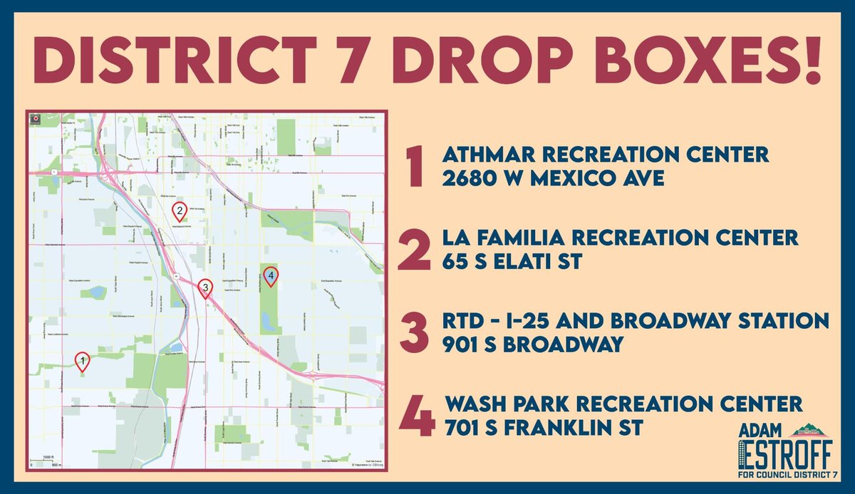 Haven't gotten a chance to drop off your ballot yet? 

There are 4 drop boxes throughout District 7 and all of them are open 24/7! 

Be sure to drop off your ballot ASAP to ensure its in by 7pm on Tuesday. More locations here: denvervotes.org