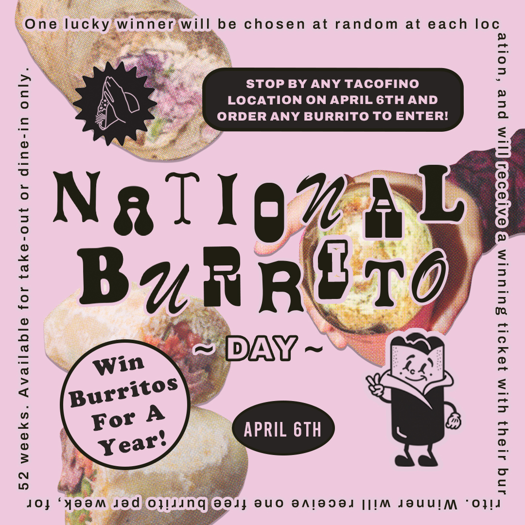 MARK YOUR CALENDARS: APRIL 6TH. NATIONAL BURRITO DAY. BUY A BURRITO AT ANY TACOFINO LOCATION AND ENTER TO WIN FREE BURRITOS FOR A YEAR!!!!!!! 🌯 #NationalBurritoDay #Burritos #BurritoLover #YVR #Vancouver #VancouverBC #Tofino #TofinoBC #Victoria #VictoriaBC