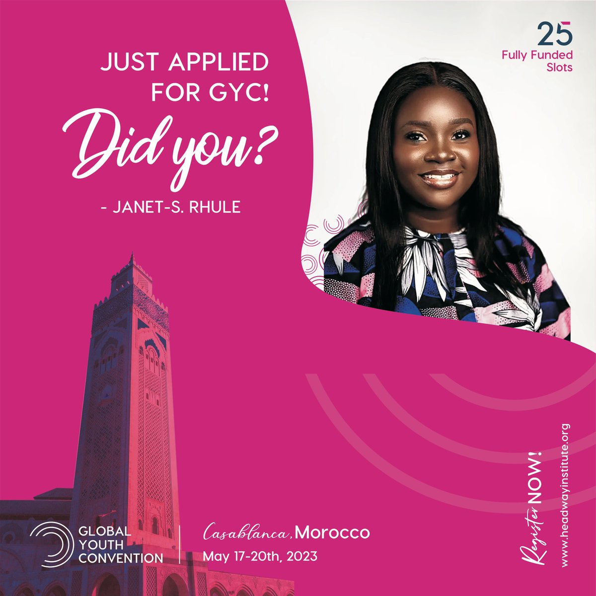 Janet_Rhule's tweet photo. Hi everyone, I am so excited to announce that I have applied to be one of 25 Fully Funded Delegates to attend Global Youth Convention 2023 – which is taking place in Casablanca, Morocco. Applications are ongoing, and yes, you can be one of those 25 Fully Funded applicants too. https://t.co/4VmRGF5p0h