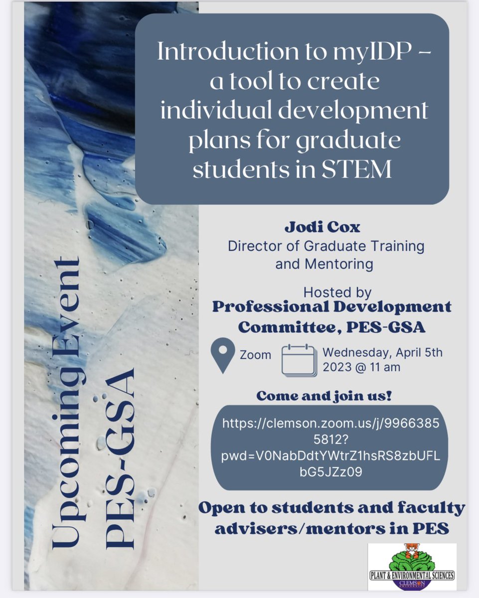 Graduate students and faculty advisors in PES are invited to attend the following event:
 
Title: Introduction to myIDP
Speaker: Jodi Cox – Director of Graduate Mentoring

Date: Wednesday, April 5th, at 11 am
Via: Zoom: 1/2