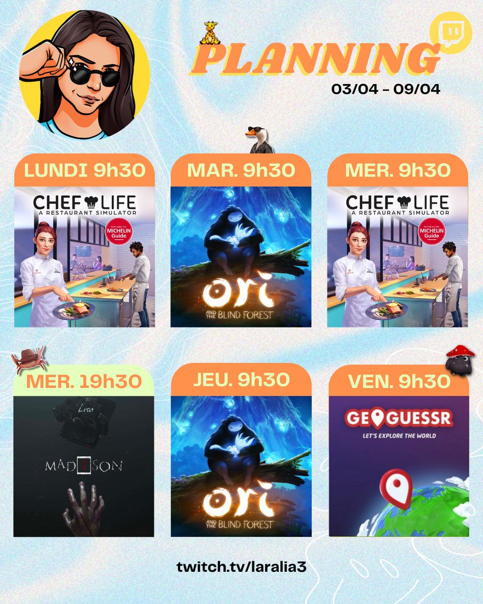 Laralia3_'s tweet photo. 📅PLANNING DE LA SEMAINE
😱Le live horreur sur #MADiSON en feat avec ma petite sœur !
👩🍳 #ChefLifeGame pour apprendre la vie à Kassim
🌲On sauve la forêt aveugle sur #OriAndTheBlindForest
📍#Geoguessr en détente de fin de semaine
https://t.co/RrxotAY2nY https://t.co/T57A44BOK7