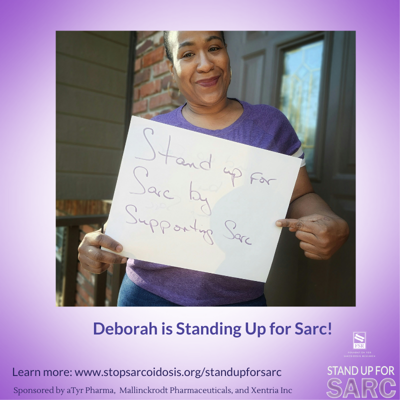 StopSarcoidosis's tweet photo. Show how you Stand Up for Sarc! 💜 

Join the FSR community for #SarcoidosisAwarenessMonth and show how you #StandUpForSarc! Post a photo of yourself on social during the month of April wearing purple and write down how you are taking action for #sarcoidosis. https://t.co/6mGSs54Bz7