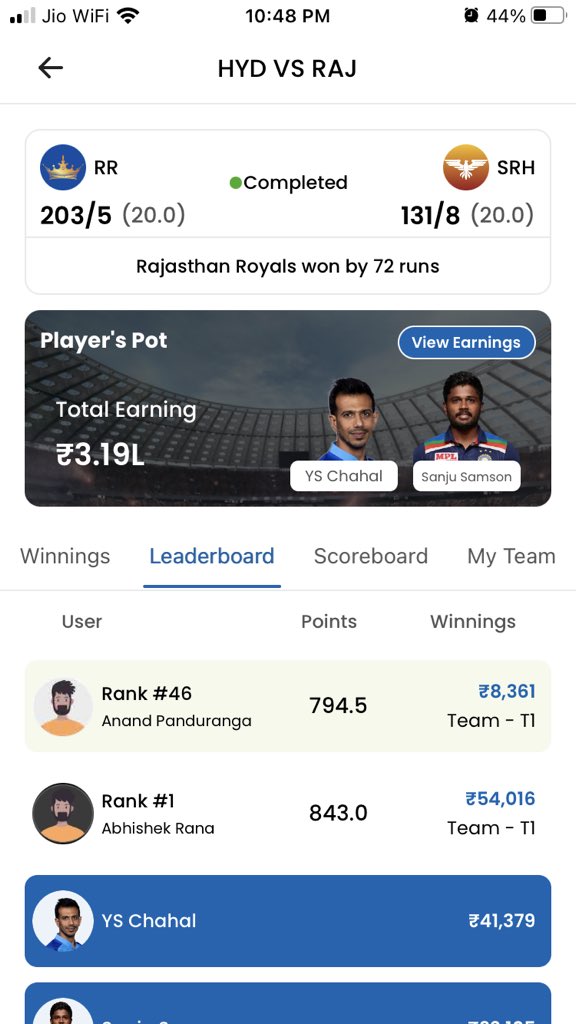 AneeqPrateek's tweet photo. @FantasyTipToWin Gave bumper amount in Crickpe. Had just swapped C, VC out of gut feeling . Thanks man! 😍 https://t.co/p24FpLKCPA