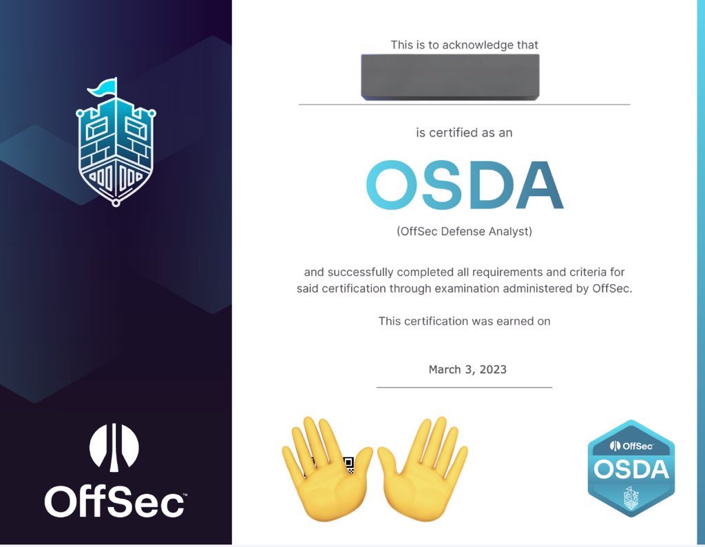 the_art_of_nerd's tweet image. Offsec社のOSDA無事に一発合格した時のもの。
比較的早めに合格できて安心。
SOC-200の教材はまだ全部やりきってないので、時間見つけてやり通さねば。
#OSDA