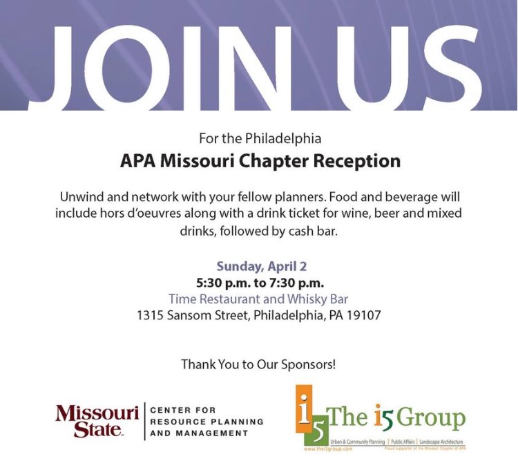 Join Missouri Planners this evening at 5:30 for a great #NPC23 Meet-up! All @APA_Planning members & @MissouriState alumni welcome! #MoPlanning