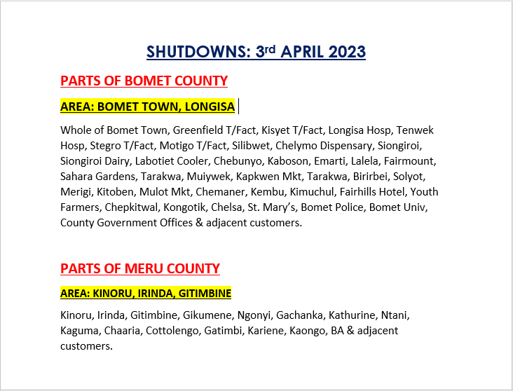 KenyaPower_Care's tweet photo. Hello. Please be advised, the following areas will be under scheduled maintenance tomorrow 03.04.2023. ^DB https://t.co/9iawnDDqT8