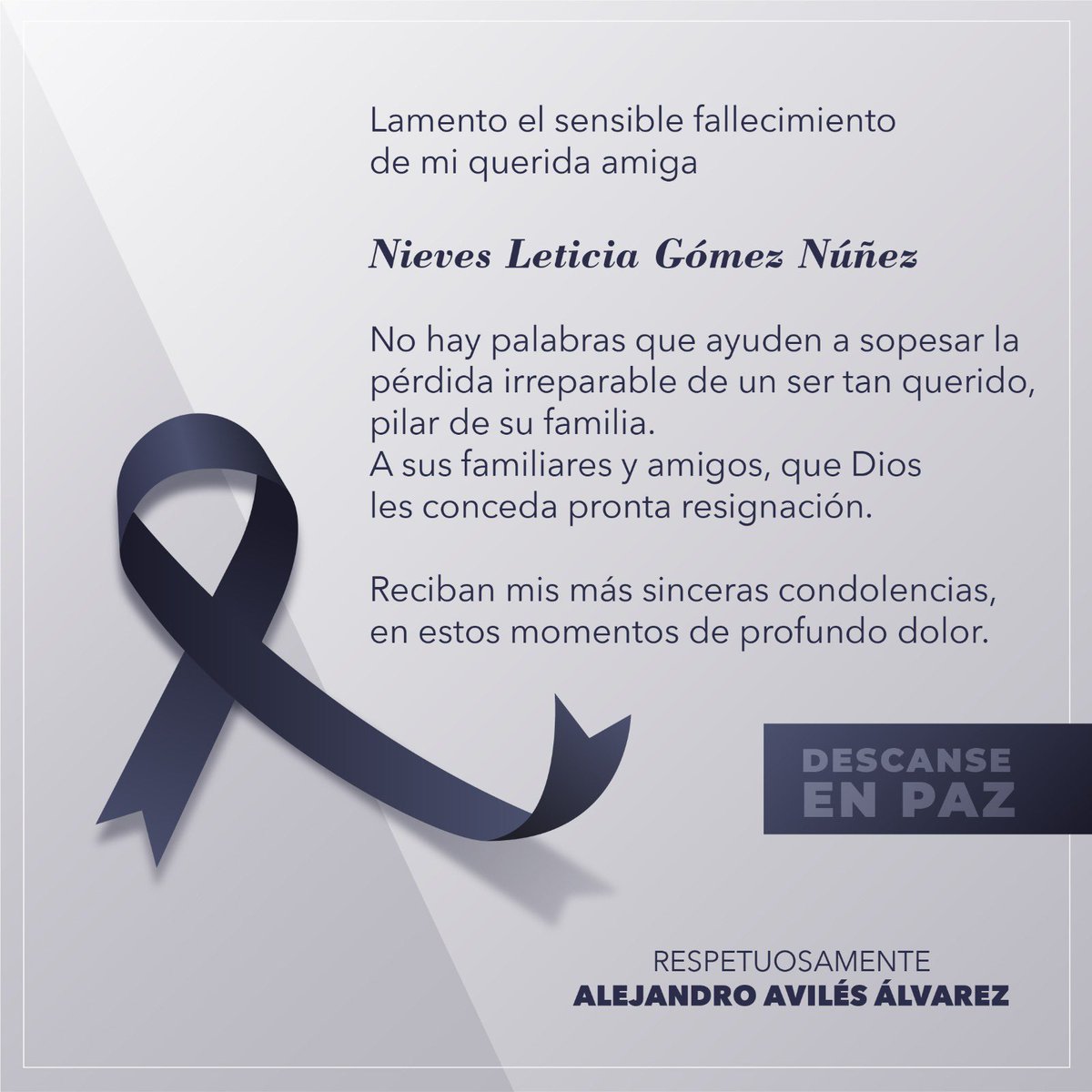 _AvilesAlvarez's tweet image. Expresó mis más sinceras condolencias y me uno a la pena que embarga a familiares y amigos de mi querida amiga  @NievesLeticiaG, por tan irreparable pérdida.

Gran ser humano, excelente líder #PRIISTA, te vamos a extrañar. 

Descanse en Paz.